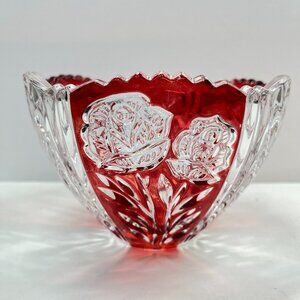 Vintage Clear Etched Crystal Red Rose Candy Bowl Dish